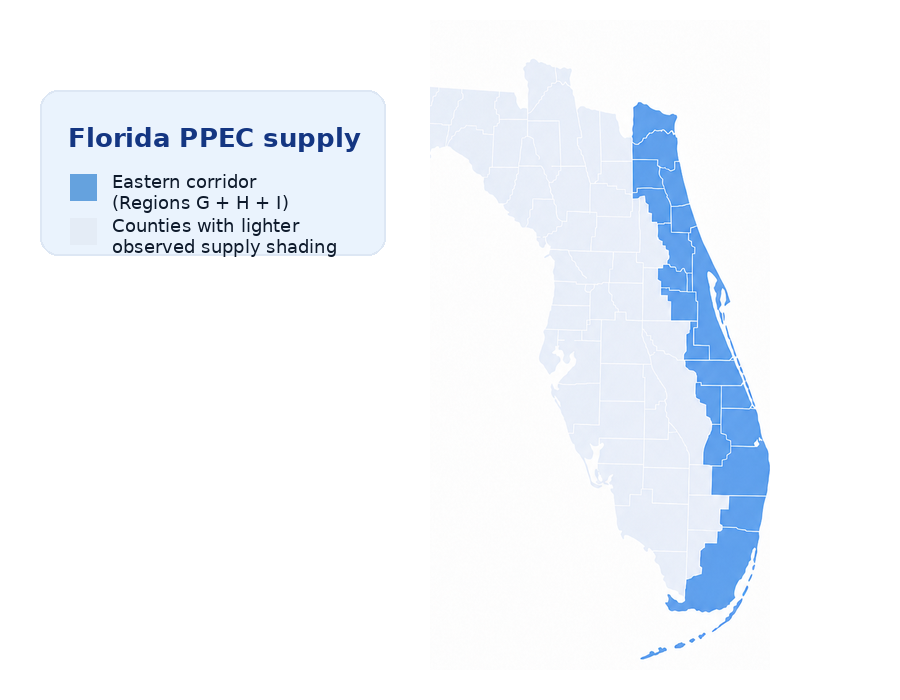 Map of Florida showing the eastern coastal corridor in blue and other counties in lighter shading.